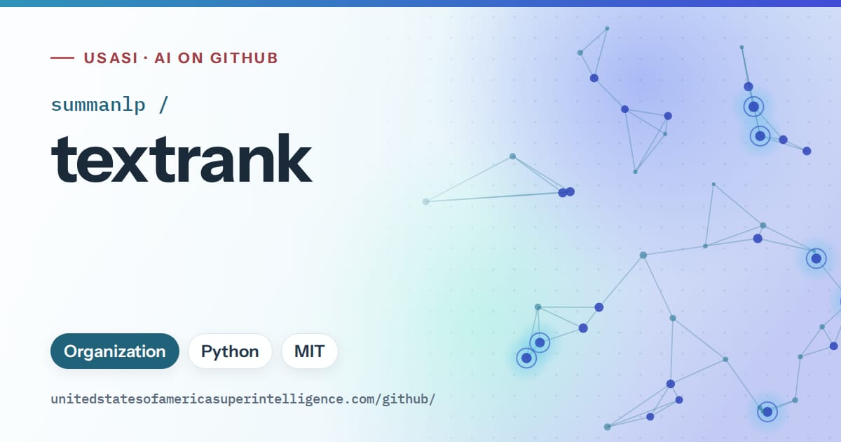 Generated sky blue constellation network artwork for summanlp/textrank, labeled USASI · AI on GitHub, with Organization · Python · MIT.