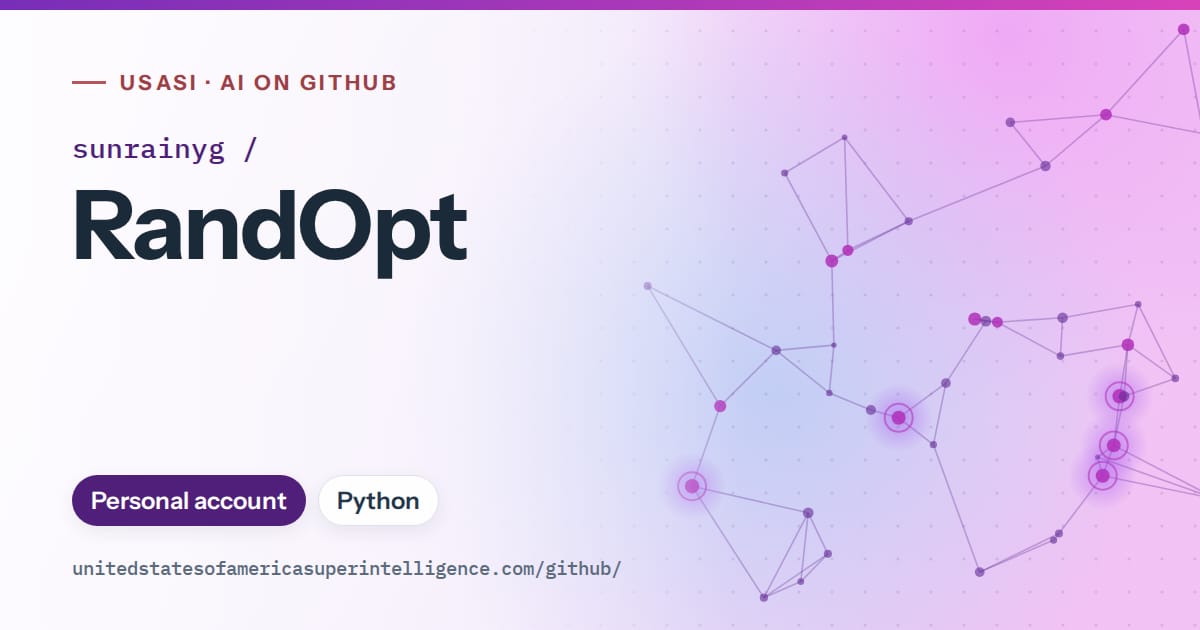 Generated violet constellation network artwork for sunrainyg/RandOpt, labeled USASI · AI on GitHub, with Personal account · Python.