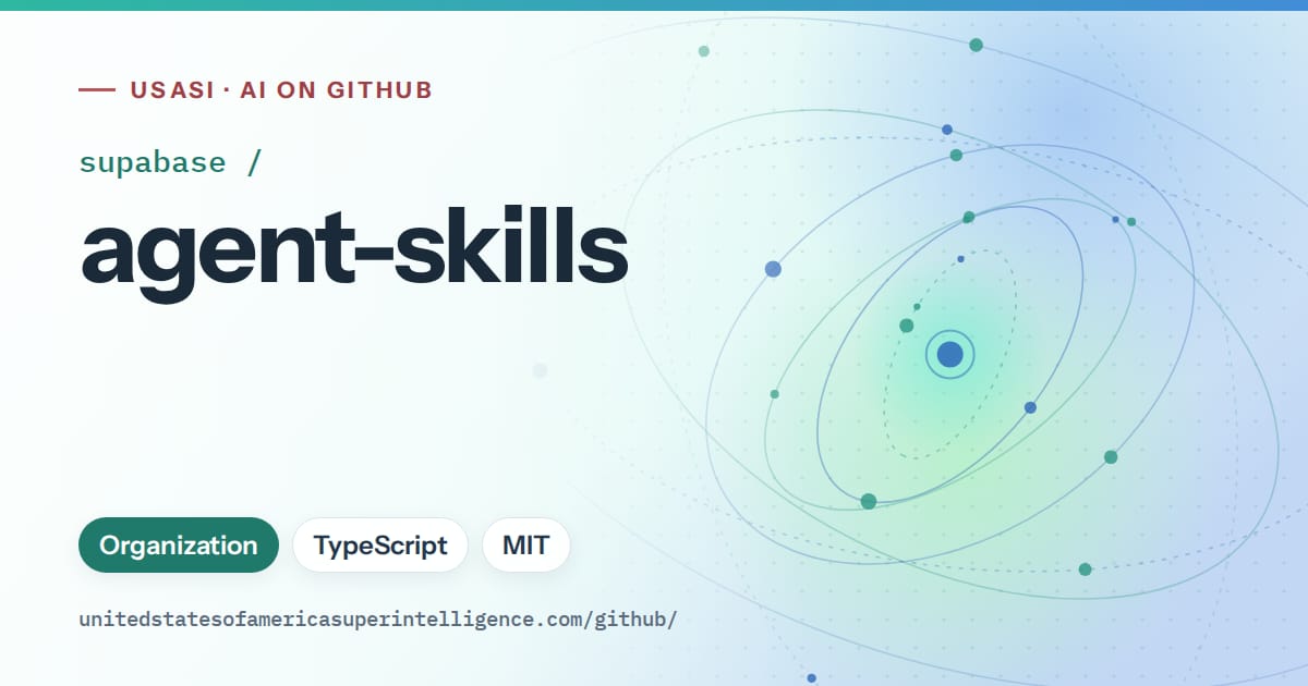 Generated teal orbit artwork for supabase/agent-skills, labeled USASI · AI on GitHub, with Organization · TypeScript · MIT.