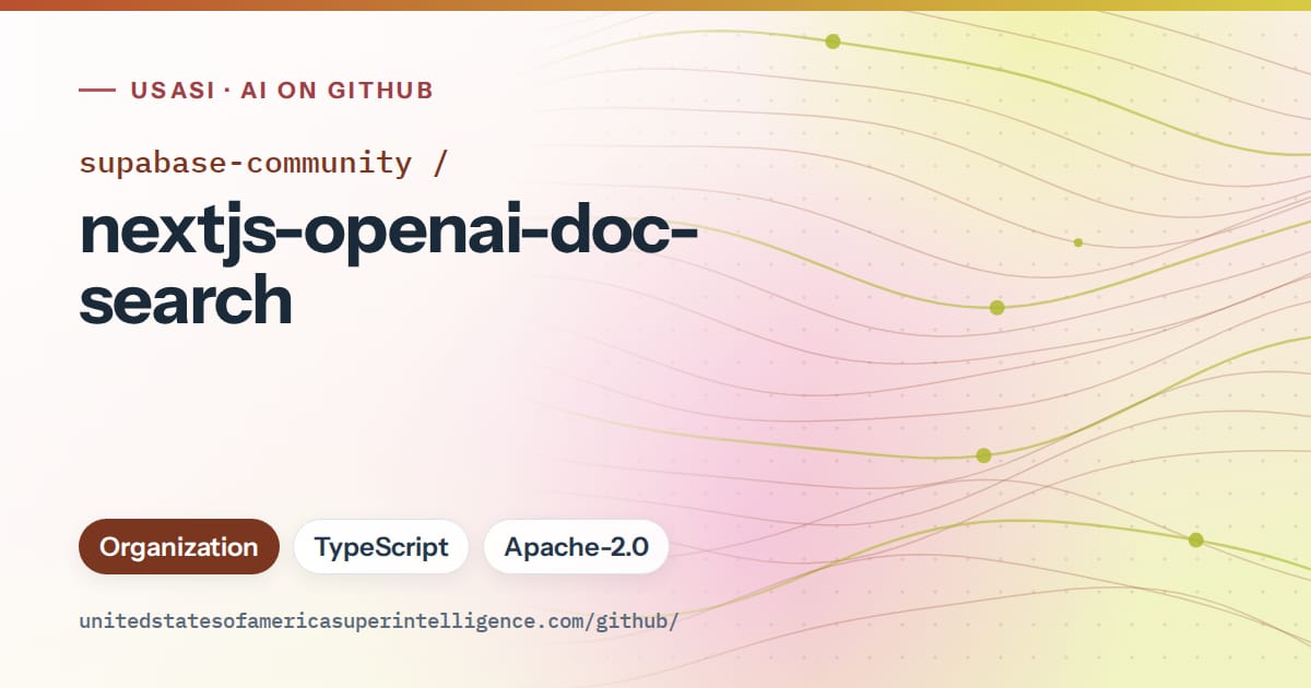 Generated orange flowing-wave artwork for supabase-community/nextjs-openai-doc-search, labeled USASI · AI on GitHub, with Organization · TypeScript · Apache-2.0.