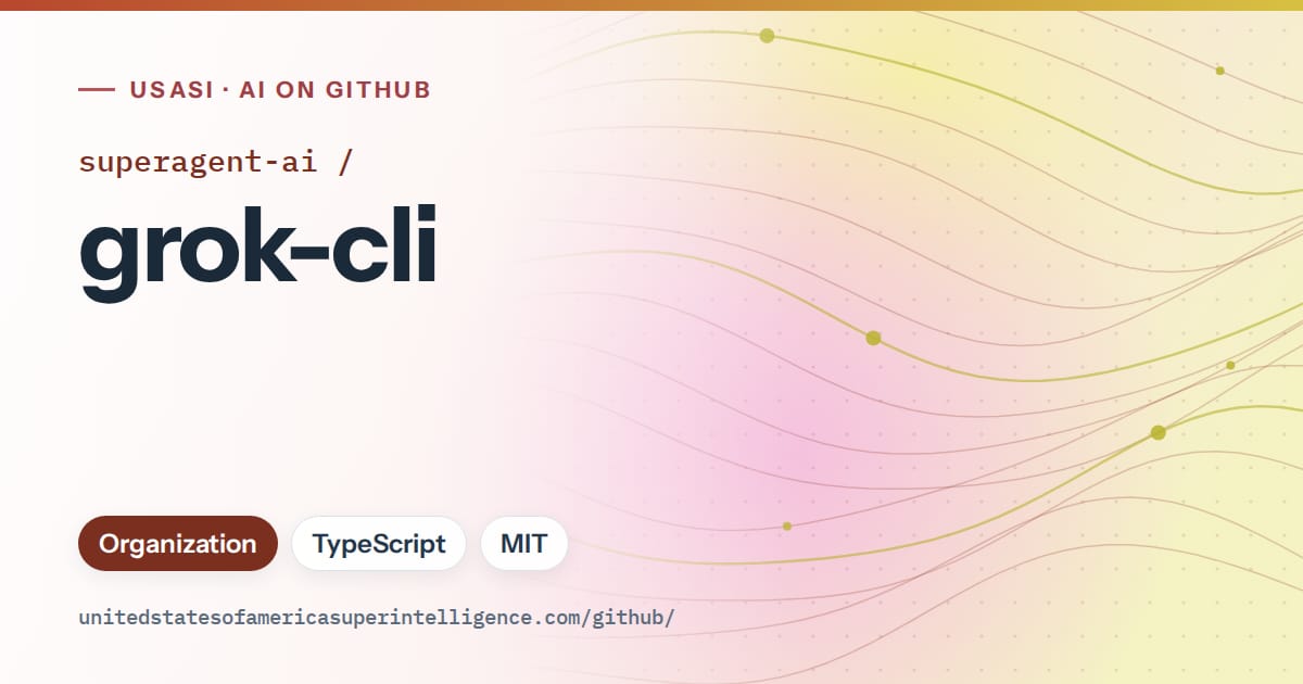 Generated red flowing-wave artwork for superagent-ai/grok-cli, labeled USASI · AI on GitHub, with Organization · TypeScript · MIT.