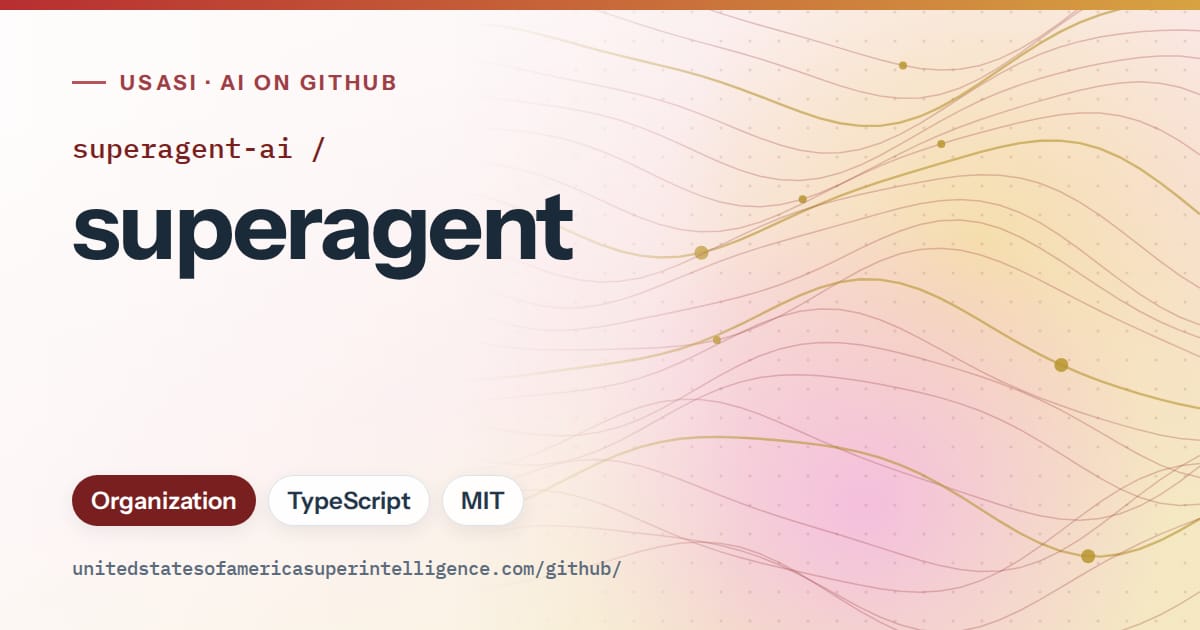 Generated red flowing-wave artwork for superagent-ai/superagent, labeled USASI · AI on GitHub, with Organization · TypeScript · MIT.