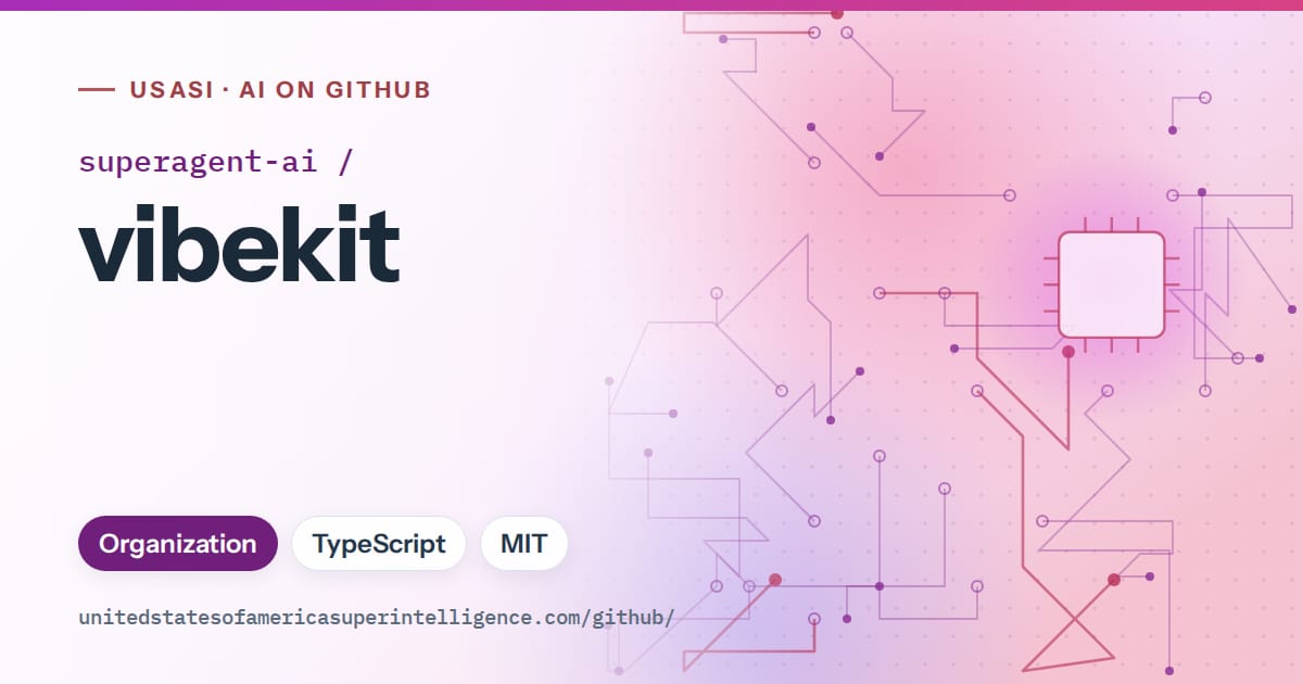 Generated purple circuit-trace artwork for superagent-ai/vibekit, labeled USASI · AI on GitHub, with Organization · TypeScript · MIT.