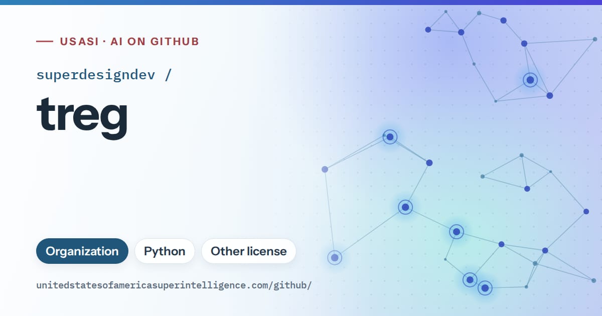 Generated sky blue constellation network artwork for superdesigndev/treg, labeled USASI · AI on GitHub, with Organization · Python · Other license.