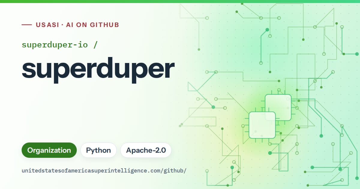 Generated green circuit-trace artwork for superduper-io/superduper, labeled USASI · AI on GitHub, with Organization · Python · Apache-2.0.