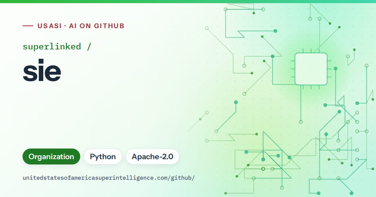 Generated green circuit-trace artwork for superlinked/sie, labeled USASI · AI on GitHub, with Organization · Python · Apache-2.0.
