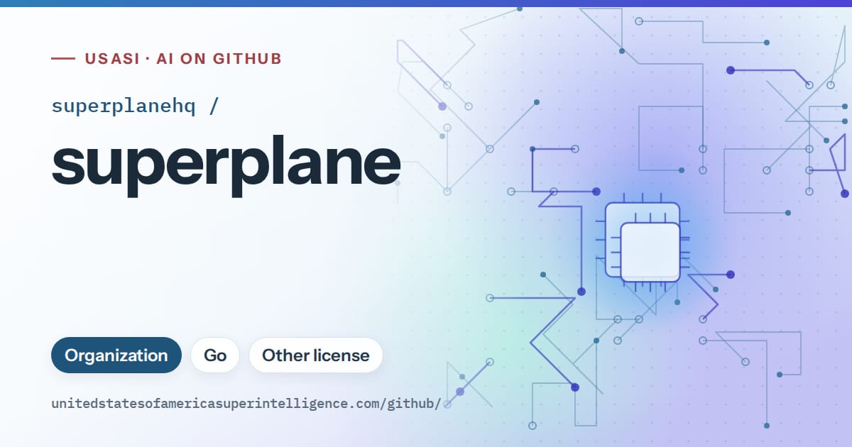 Generated sky blue circuit-trace artwork for superplanehq/superplane, labeled USASI · AI on GitHub, with Organization · Go · Other license.