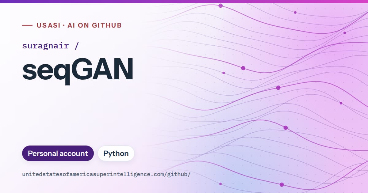 Generated violet flowing-wave artwork for suragnair/seqGAN, labeled USASI · AI on GitHub, with Personal account · Python.