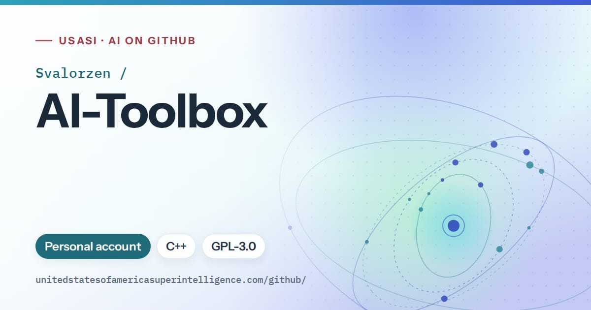 Generated sky blue orbit artwork for Svalorzen/AI-Toolbox, labeled USASI · AI on GitHub, with Personal account · C++ · GPL-3.0.