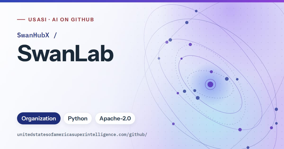 Generated blue orbit artwork for SwanHubX/SwanLab, labeled USASI · AI on GitHub, with Organization · Python · Apache-2.0.