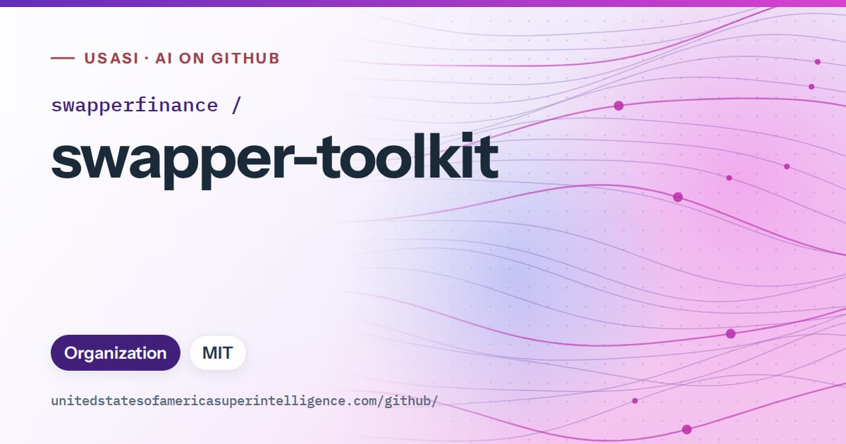 Generated violet flowing-wave artwork for swapperfinance/swapper-toolkit, labeled USASI · AI on GitHub, with Organization · MIT.
