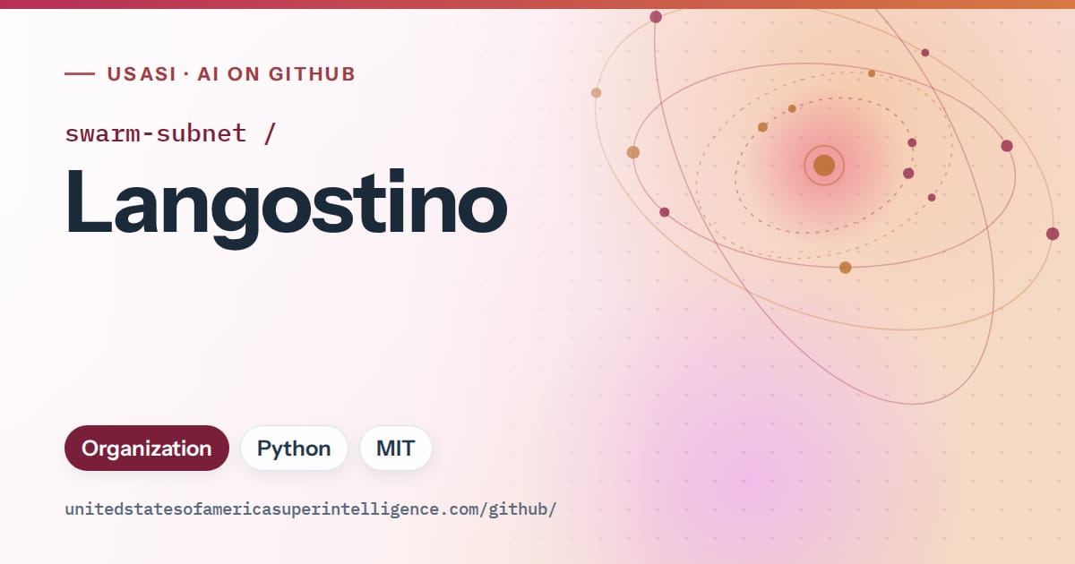Generated pink orbit artwork for swarm-subnet/Langostino, labeled USASI · AI on GitHub, with Organization · Python · MIT.