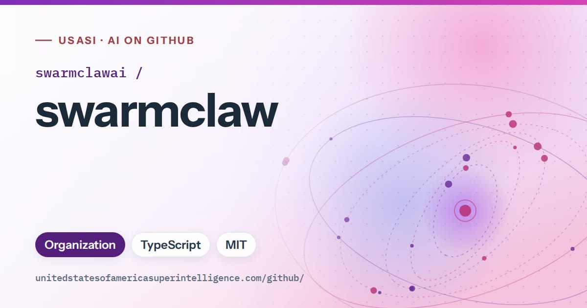 Generated violet orbit artwork for swarmclawai/swarmclaw, labeled USASI · AI on GitHub, with Organization · TypeScript · MIT.