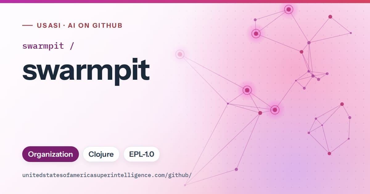 Generated purple constellation network artwork for swarmpit/swarmpit, labeled USASI · AI on GitHub, with Organization · Clojure · EPL-1.0.
