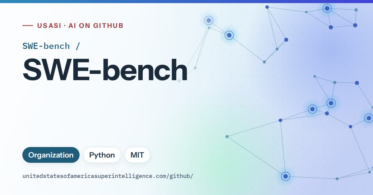 Generated sky blue constellation network artwork for SWE-bench/SWE-bench, labeled USASI · AI on GitHub, with Organization · Python · MIT.