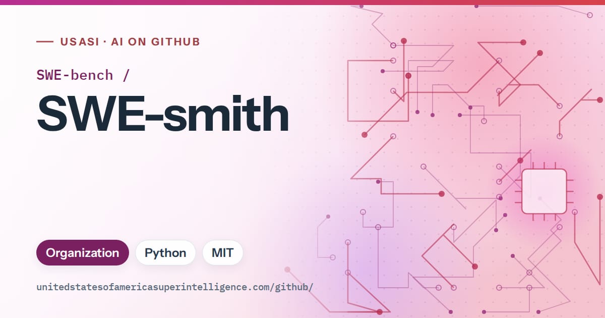 Generated purple circuit-trace artwork for SWE-bench/SWE-smith, labeled USASI · AI on GitHub, with Organization · Python · MIT.