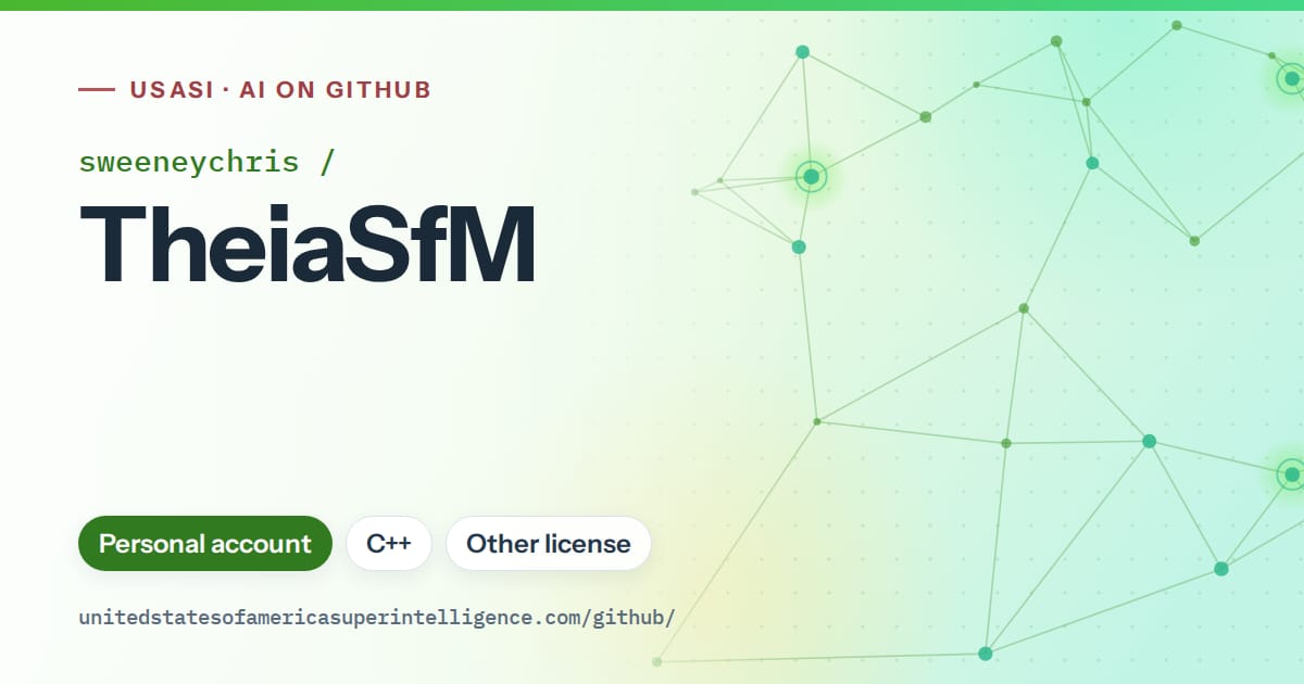 Generated green constellation network artwork for sweeneychris/TheiaSfM, labeled USASI · AI on GitHub, with Personal account · C++ · Other license.