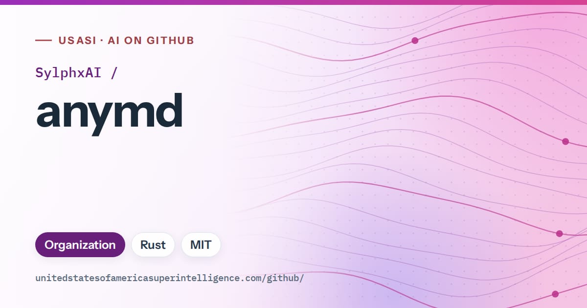 Generated purple flowing-wave artwork for SylphxAI/anymd, labeled USASI · AI on GitHub, with Organization · Rust · MIT.