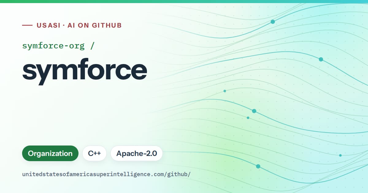 Generated green flowing-wave artwork for symforce-org/symforce, labeled USASI · AI on GitHub, with Organization · C++ · Apache-2.0.