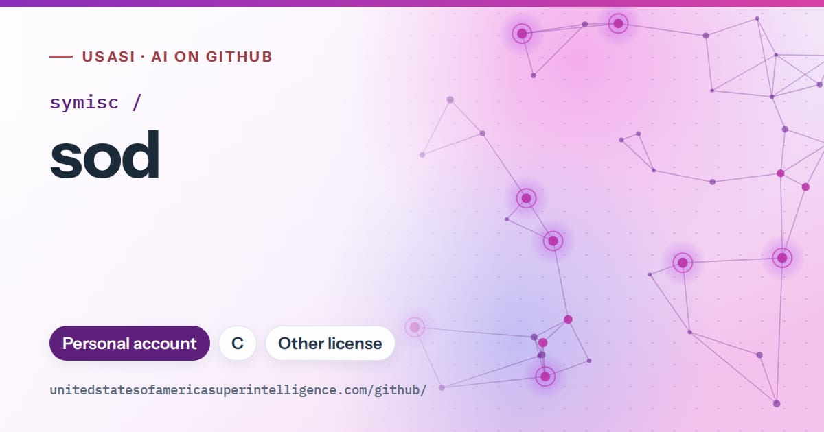 Generated violet constellation network artwork for symisc/sod, labeled USASI · AI on GitHub, with Personal account · C · Other license.