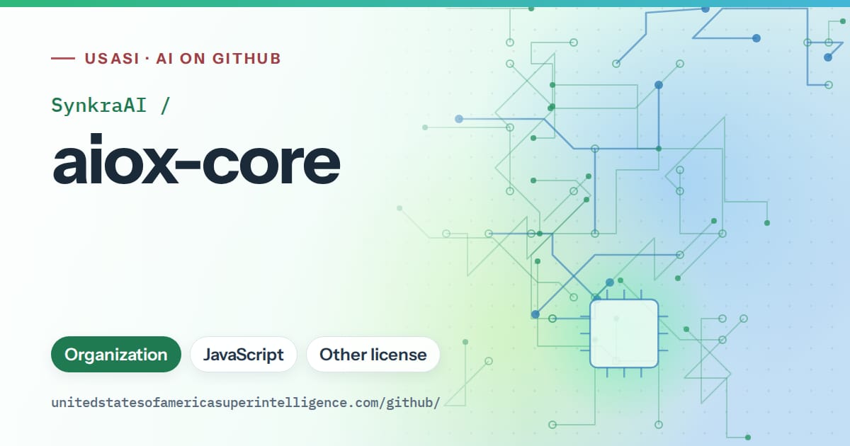 Generated teal circuit-trace artwork for SynkraAI/aiox-core, labeled USASI · AI on GitHub, with Organization · JavaScript · Other license.