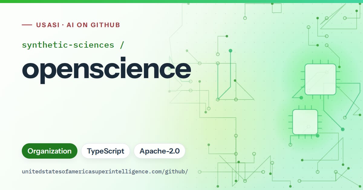 Generated green circuit-trace artwork for synthetic-sciences/openscience, labeled USASI · AI on GitHub, with Organization · TypeScript · Apache-2.0.