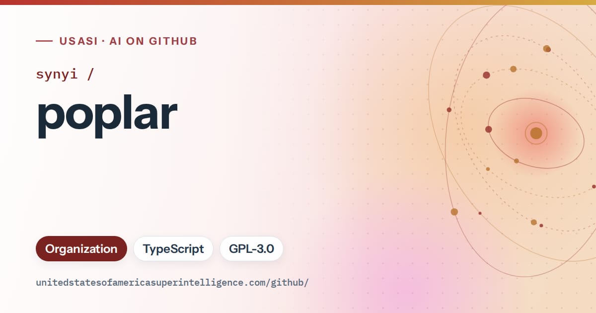 Generated red orbit artwork for synyi/poplar, labeled USASI · AI on GitHub, with Organization · TypeScript · GPL-3.0.