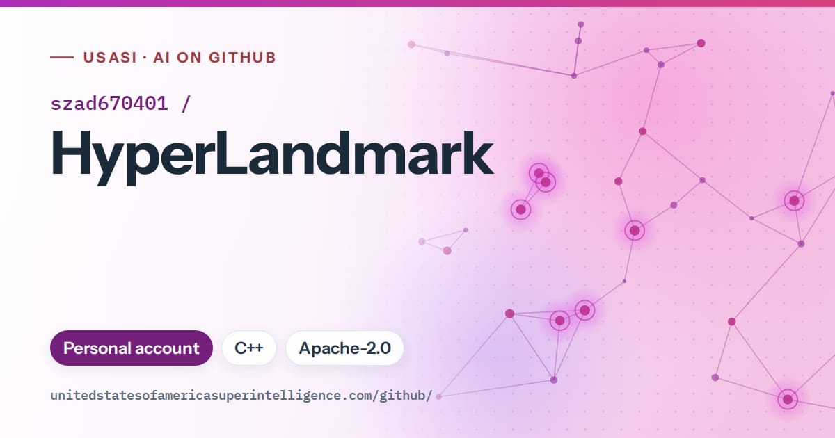 Generated purple constellation network artwork for szad670401/HyperLandmark, labeled USASI · AI on GitHub, with Personal account · C++ · Apache-2.0.