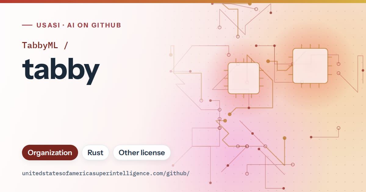 Generated red circuit-trace artwork for TabbyML/tabby, labeled USASI · AI on GitHub, with Organization · Rust · Other license.