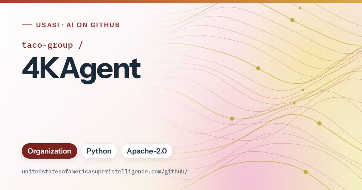 Generated red flowing-wave artwork for taco-group/4KAgent, labeled USASI · AI on GitHub, with Organization · Python · Apache-2.0.