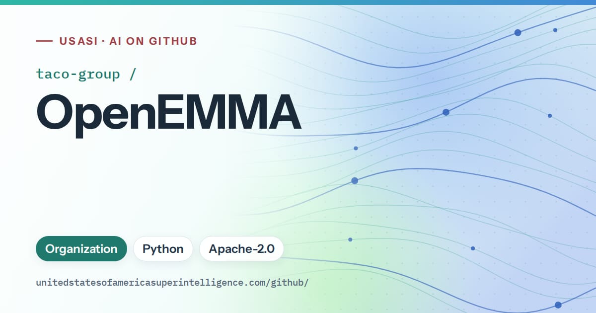 Generated teal flowing-wave artwork for taco-group/OpenEMMA, labeled USASI · AI on GitHub, with Organization · Python · Apache-2.0.