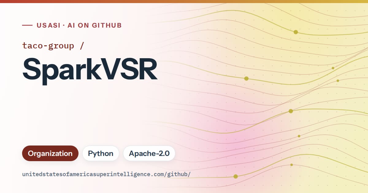 Generated red flowing-wave artwork for taco-group/SparkVSR, labeled USASI · AI on GitHub, with Organization · Python · Apache-2.0.