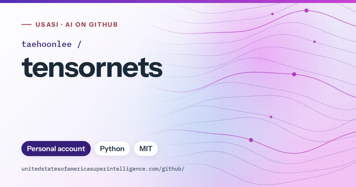 Generated violet flowing-wave artwork for taehoonlee/tensornets, labeled USASI · AI on GitHub, with Personal account · Python · MIT.