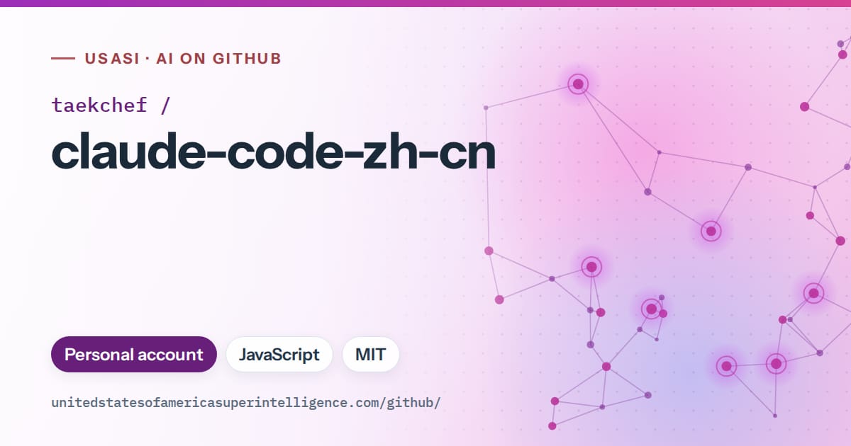 Generated purple constellation network artwork for taekchef/claude-code-zh-cn, labeled USASI · AI on GitHub, with Personal account · JavaScript · MIT.