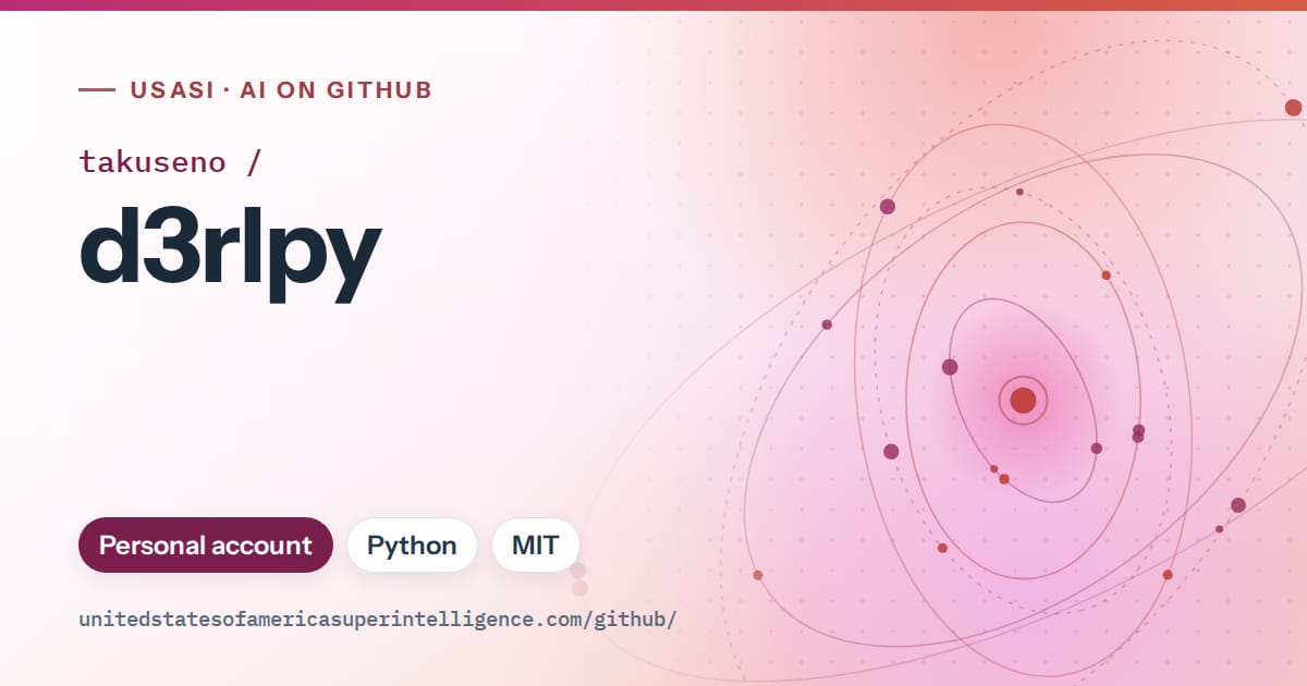 Generated pink orbit artwork for takuseno/d3rlpy, labeled USASI · AI on GitHub, with Personal account · Python · MIT.