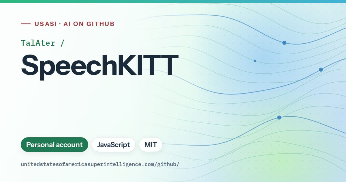 Generated teal flowing-wave artwork for TalAter/SpeechKITT, labeled USASI · AI on GitHub, with Personal account · JavaScript · MIT.