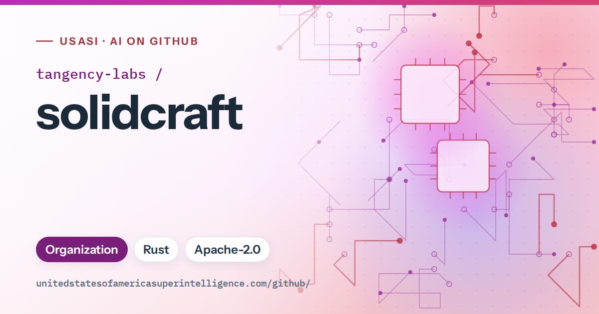 Generated purple circuit-trace artwork for tangency-labs/solidcraft, labeled USASI · AI on GitHub, with Organization · Rust · Apache-2.0.