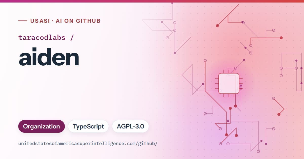 Generated pink circuit-trace artwork for taracodlabs/aiden, labeled USASI · AI on GitHub, with Organization · TypeScript · AGPL-3.0.