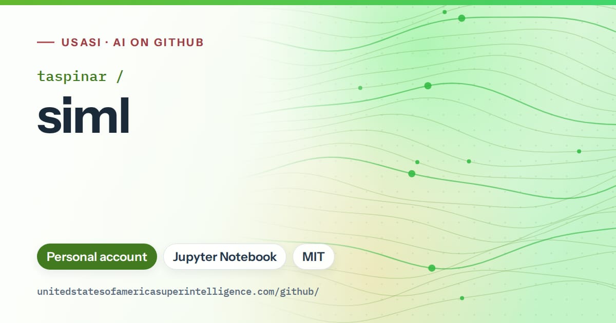 Generated green flowing-wave artwork for taspinar/siml, labeled USASI · AI on GitHub, with Personal account · Jupyter Notebook · MIT.