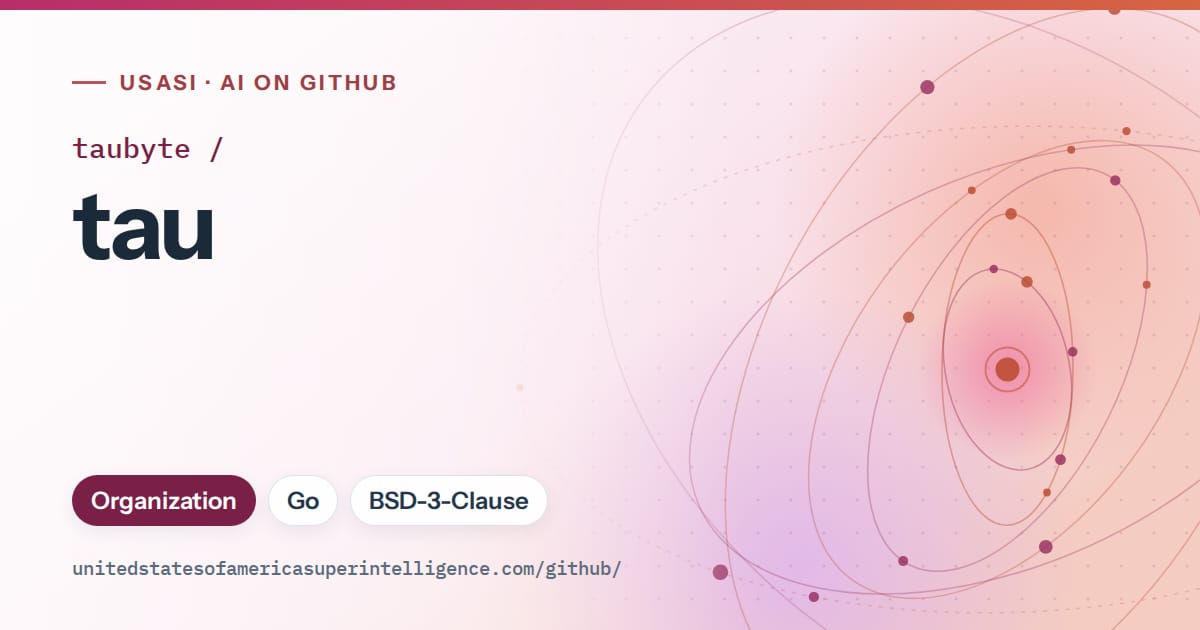 Generated pink orbit artwork for taubyte/tau, labeled USASI · AI on GitHub, with Organization · Go · BSD-3-Clause.
