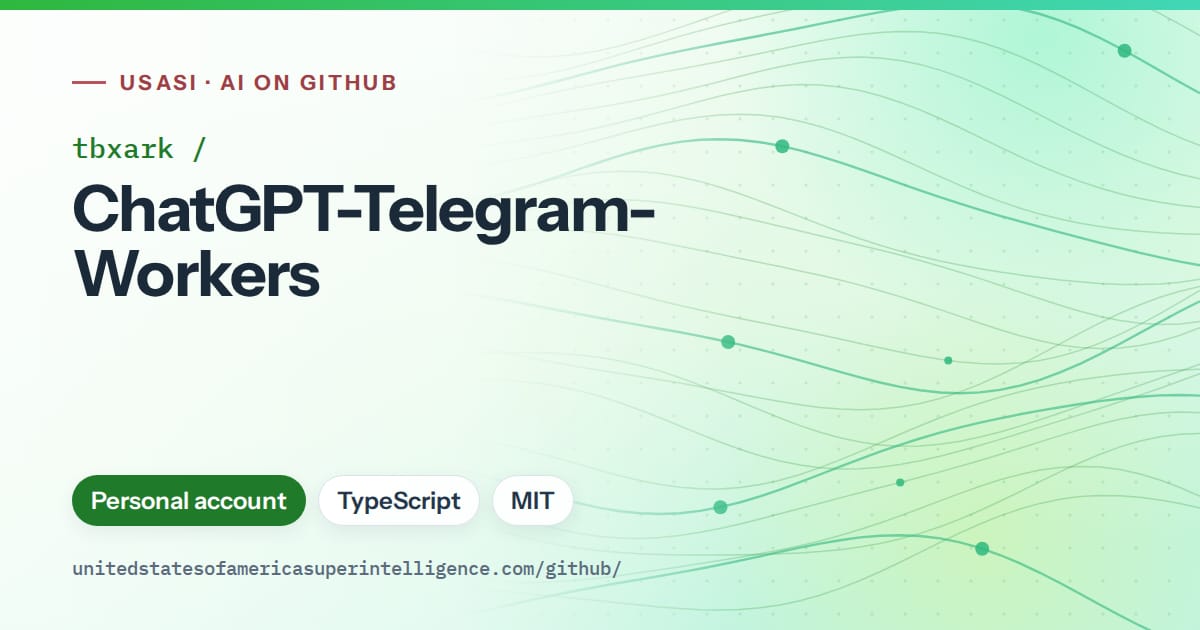 Generated green flowing-wave artwork for tbxark/ChatGPT-Telegram-Workers, labeled USASI · AI on GitHub, with Personal account · TypeScript · MIT.