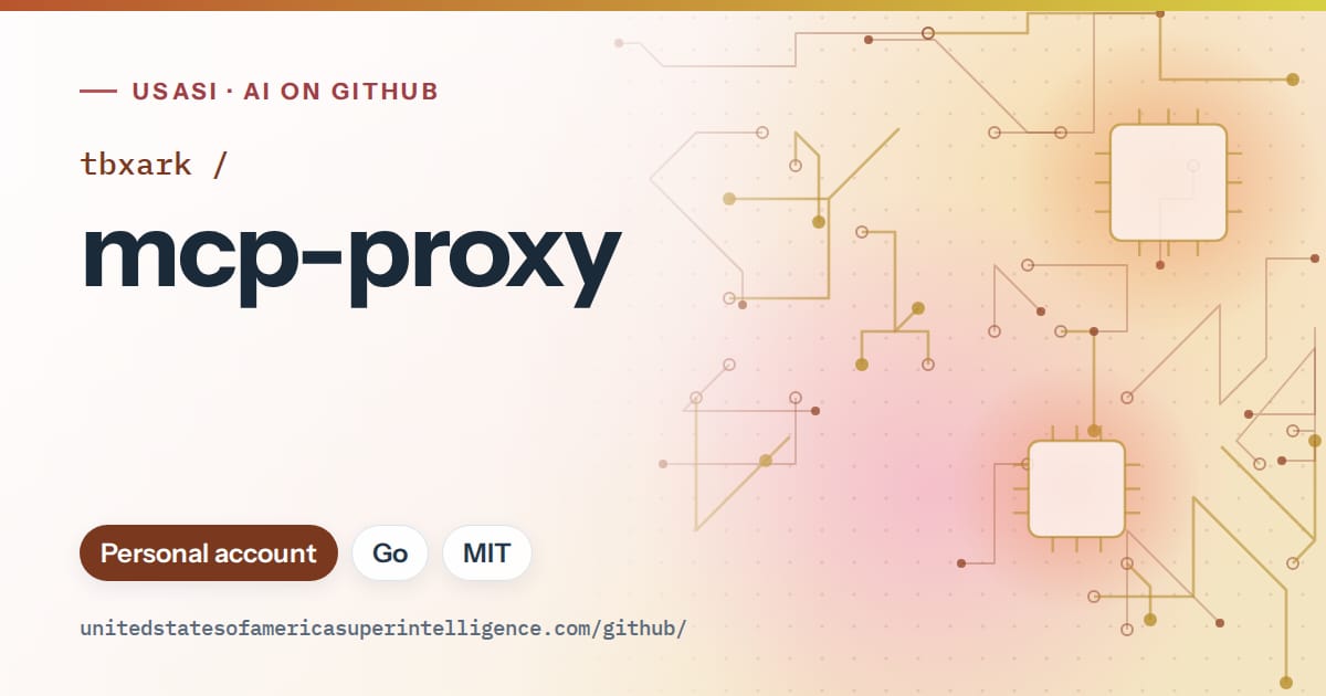 Generated orange circuit-trace artwork for tbxark/mcp-proxy, labeled USASI · AI on GitHub, with Personal account · Go · MIT.