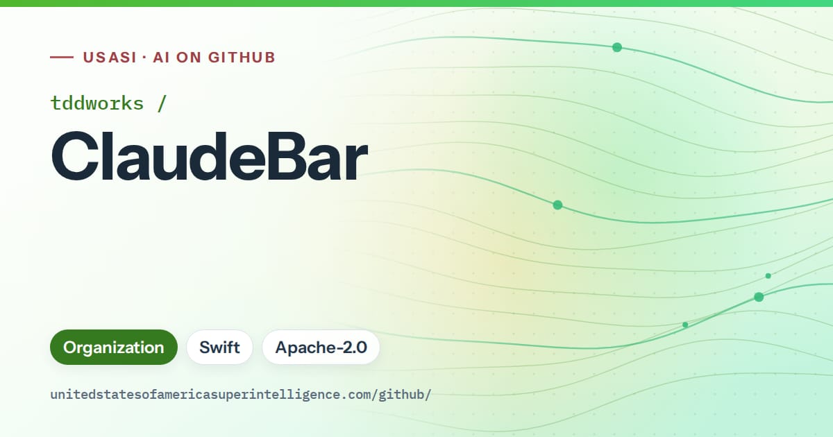 Generated green flowing-wave artwork for tddworks/ClaudeBar, labeled USASI · AI on GitHub, with Organization · Swift · Apache-2.0.