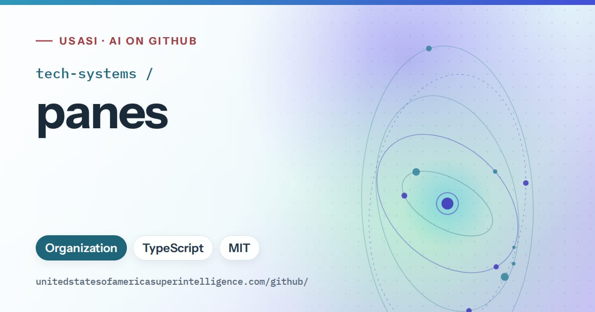 Generated sky blue orbit artwork for tech-systems/panes, labeled USASI · AI on GitHub, with Organization · TypeScript · MIT.