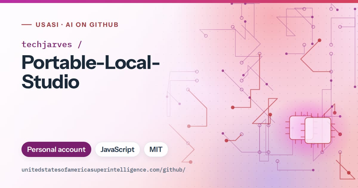 Generated purple circuit-trace artwork for techjarves/Portable-Local-Studio, labeled USASI · AI on GitHub, with Personal account · JavaScript · MIT.