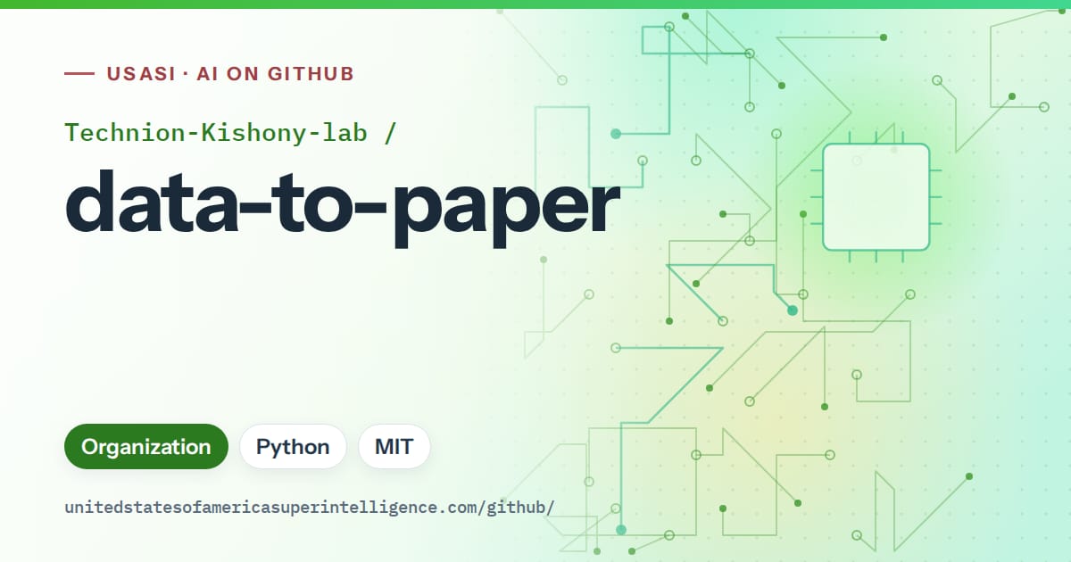 Generated green circuit-trace artwork for Technion-Kishony-lab/data-to-paper, labeled USASI · AI on GitHub, with Organization · Python · MIT.