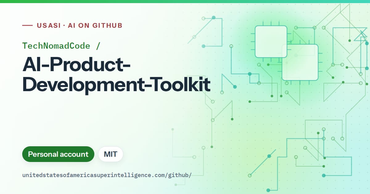 Generated green circuit-trace artwork for TechNomadCode/AI-Product-Development-Toolkit, labeled USASI · AI on GitHub, with Personal account · MIT.