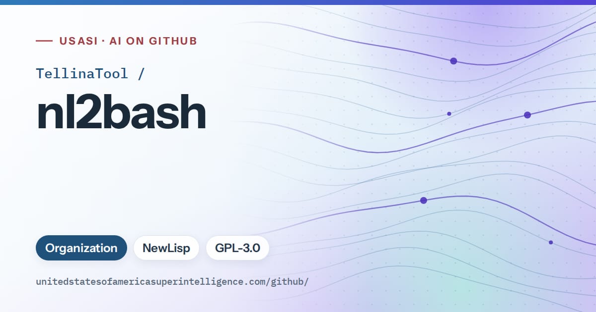 Generated sky blue flowing-wave artwork for TellinaTool/nl2bash, labeled USASI · AI on GitHub, with Organization · NewLisp · GPL-3.0.
