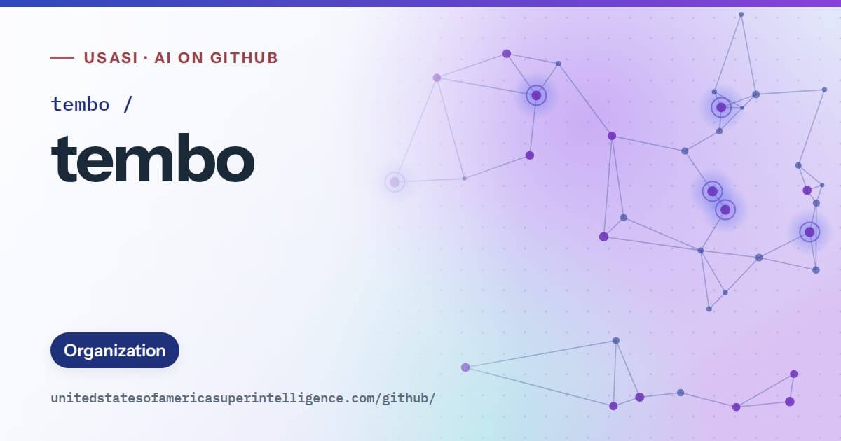 Generated blue constellation network artwork for tembo/tembo, labeled USASI · AI on GitHub, with Organization.