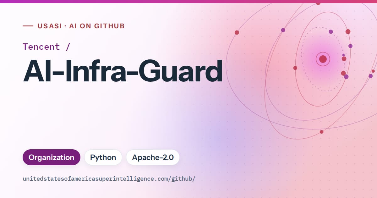 Generated purple orbit artwork for Tencent/AI-Infra-Guard, labeled USASI · AI on GitHub, with Organization · Python · Apache-2.0.